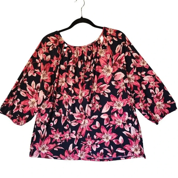 Roz And Ali Top Blouse Size 2x Multicolor Floral Long Sleeve Scoop Neck - Picture 2 of 8